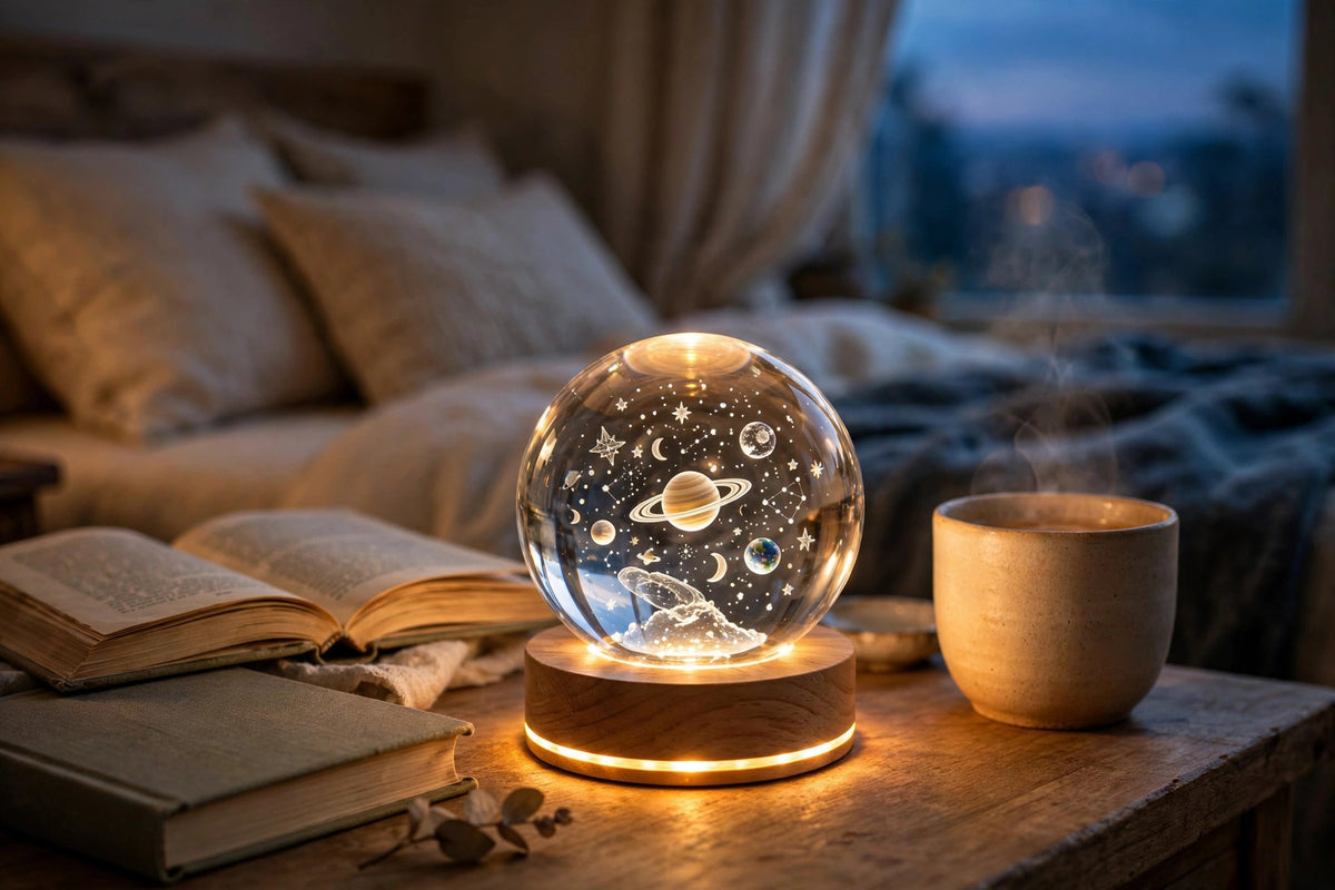 3D Solar System Crystal Ball Night Light – Laser Engraved Glass Sphere with Wooden LED Base, USB Powered