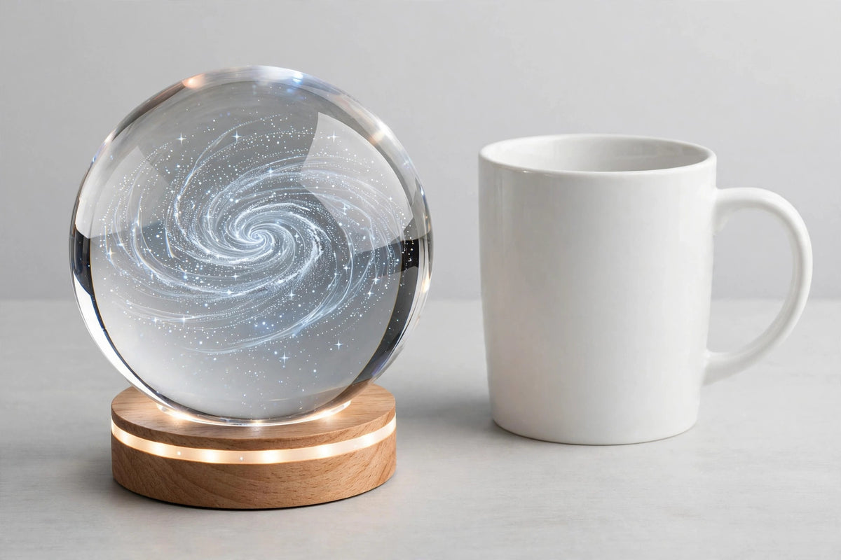 3D Solar System Crystal Ball Night Light – Laser Engraved Glass Sphere with Wooden LED Base, USB Powered
